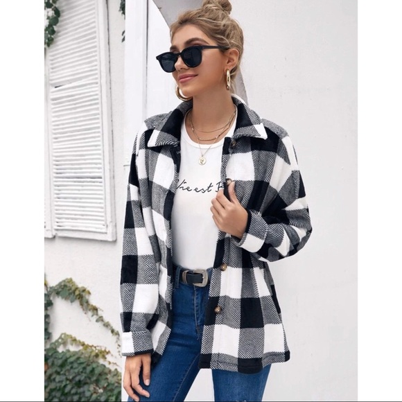 Buffalo Plaid Button Front Teddy Shacket - Picture 4 of 7